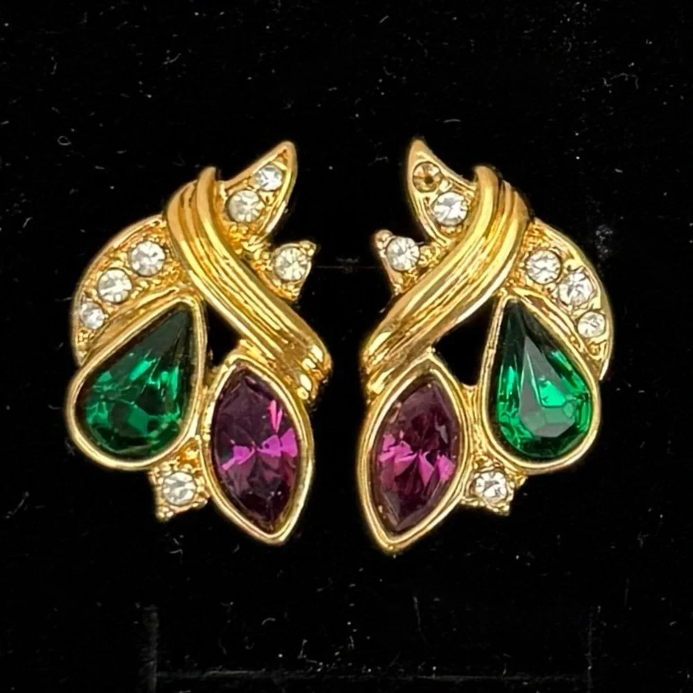 Vintage goldtone, festive green red and clear bling holiday pierced earrings